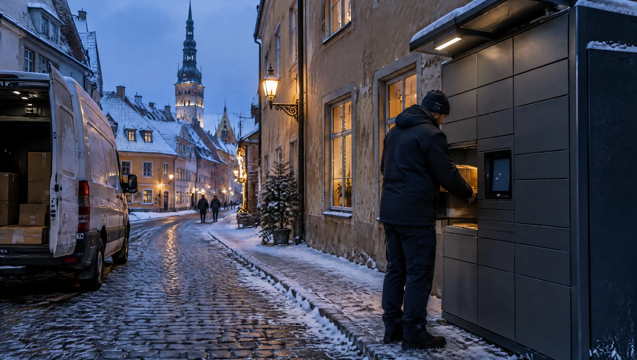 A courier loading parcels into a parcel locker on a snowy old-town street