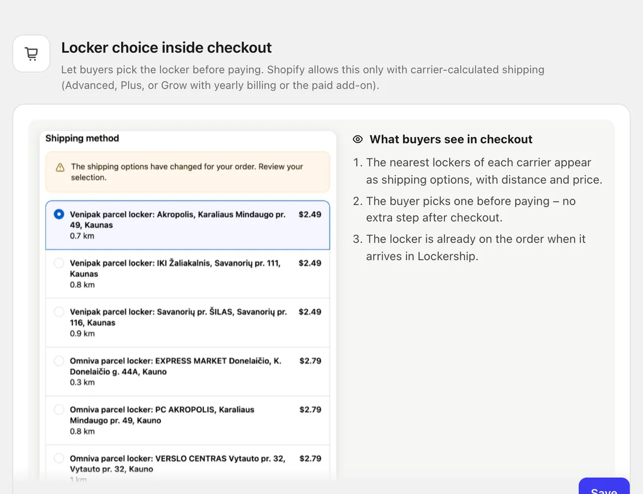 Lockership settings for lockers in checkout: price per carrier and country, free from an amount