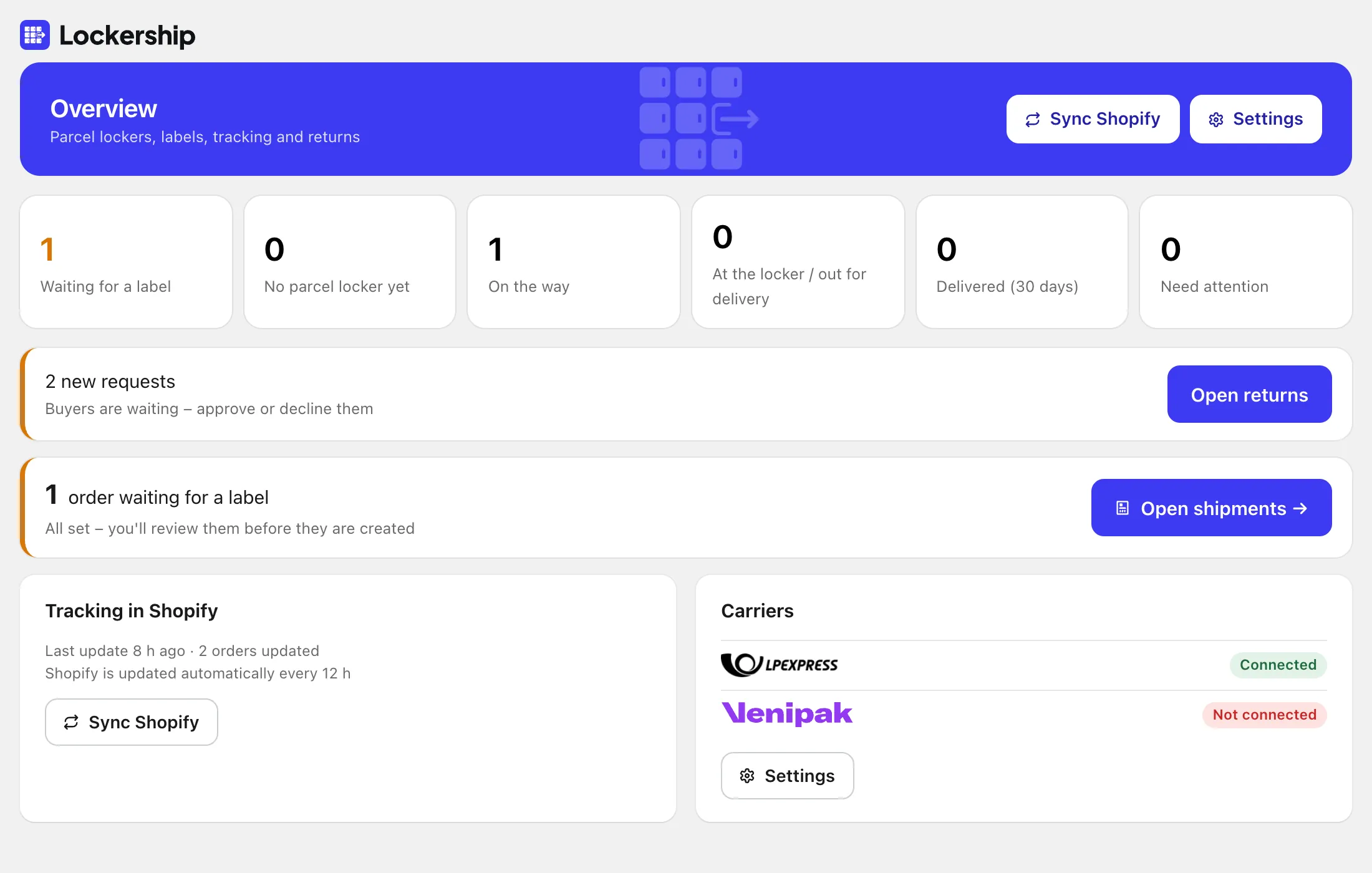Lockership overview: labels to create, parcels on the way, return requests