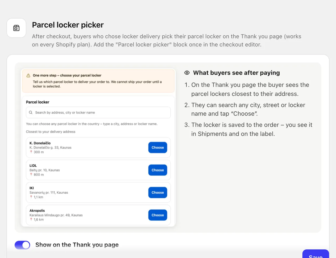 Lockership settings for the locker picker after payment: thank-you page, order status page and countries