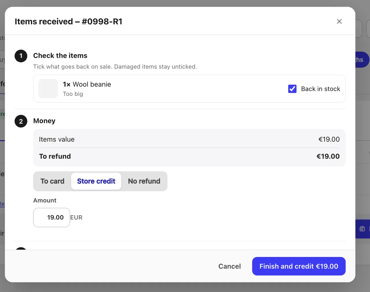 Marking returned items as received and refunding as store credit