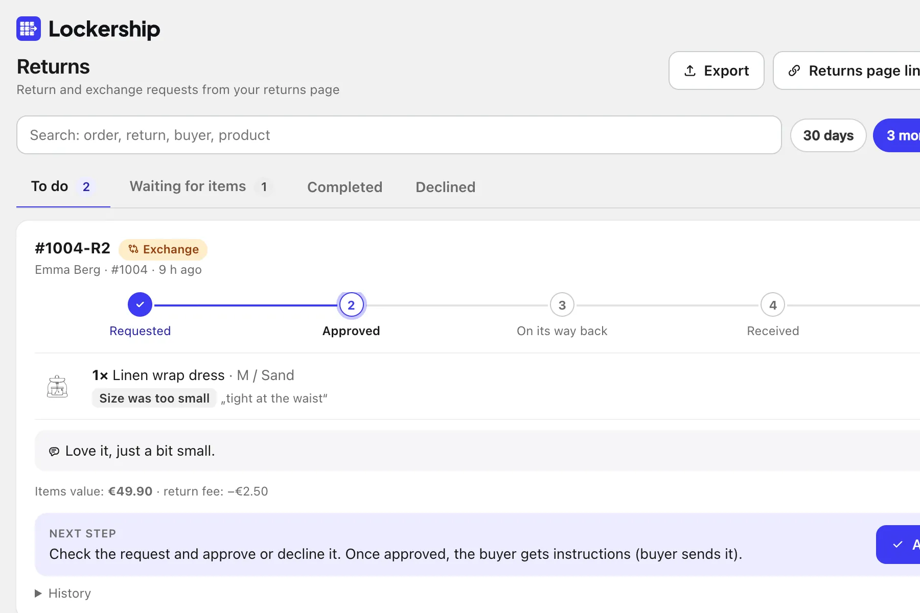 Return requests in Lockership with progress steps and the next step