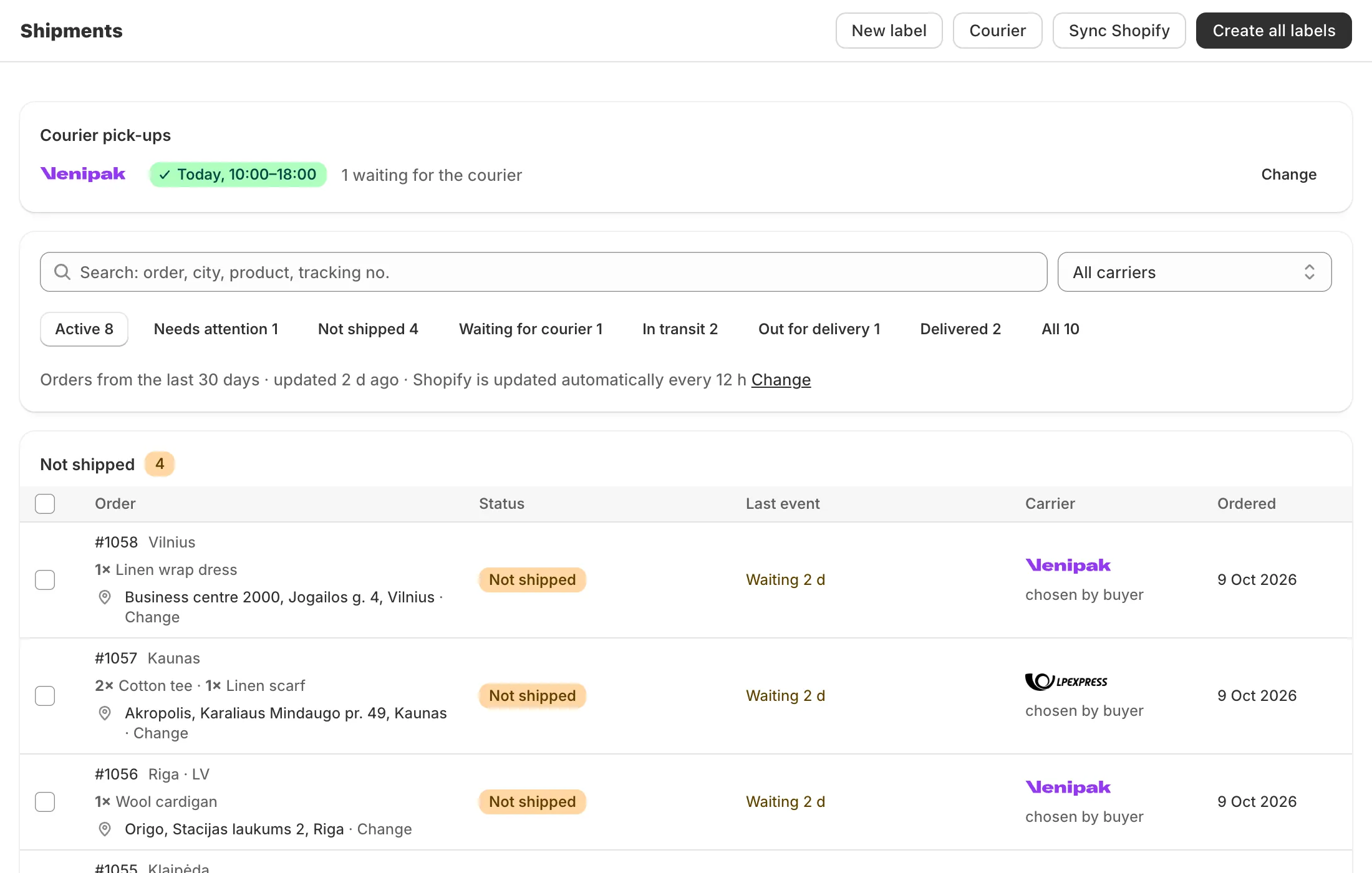 Lockership shipments list with each order’s status, last carrier event and carrier
