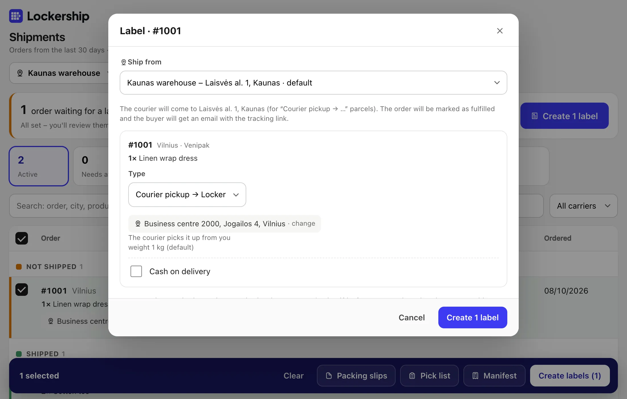 Creating labels in Lockership: carrier, label type, box size and locker for each order