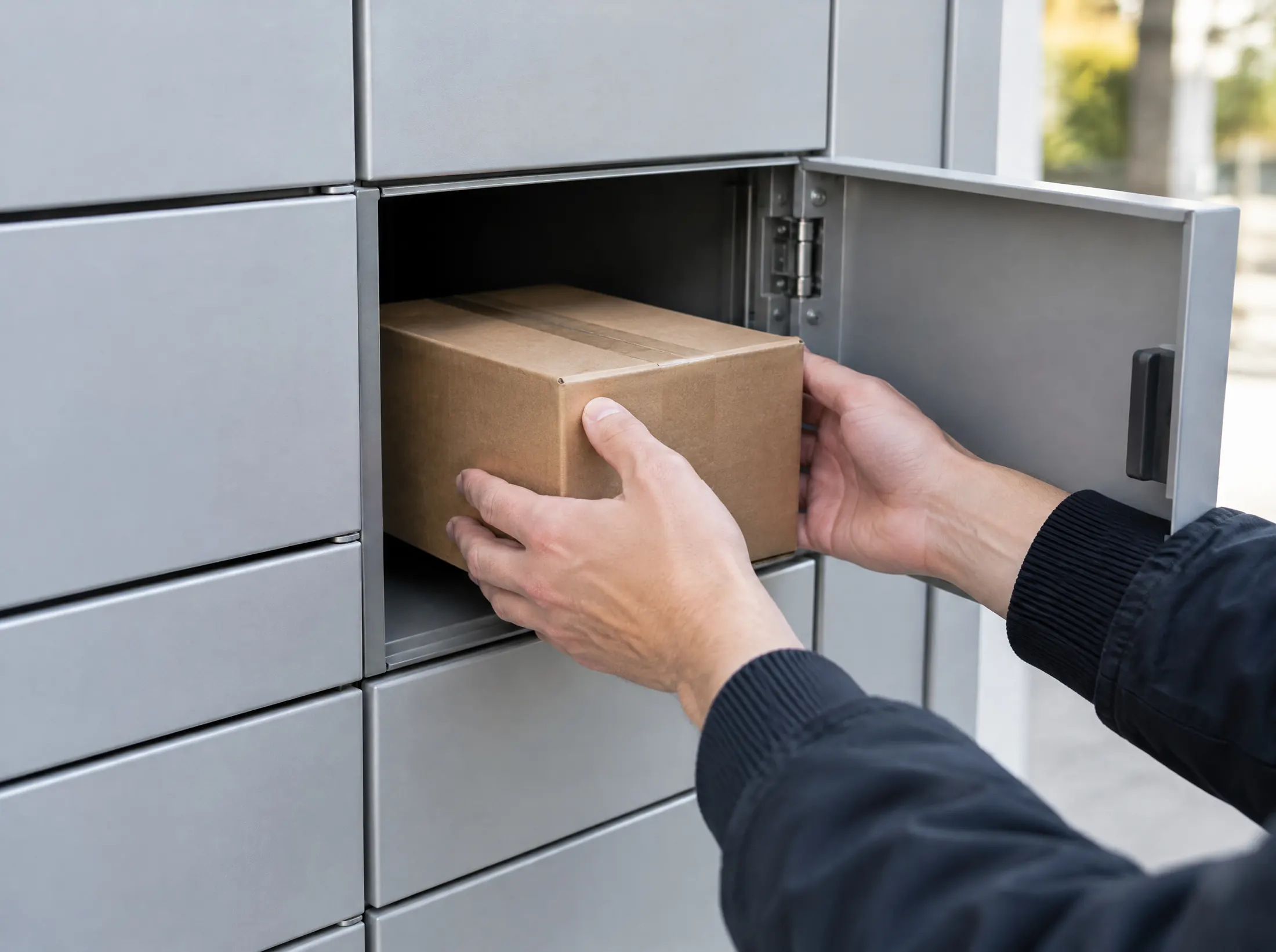 Hands placing a parcel into a locker compartment