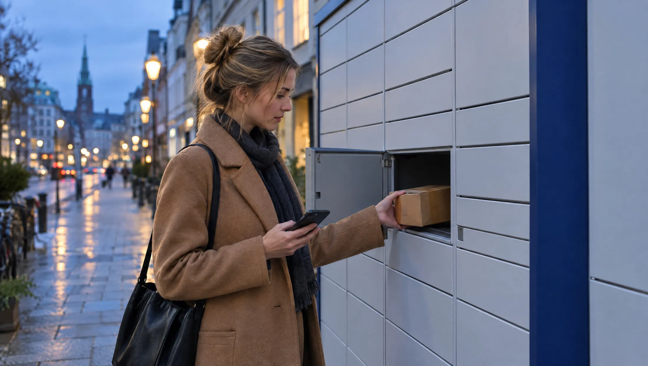 A woman takes a parcel out of an outdoor parcel locker on a city street at dusk