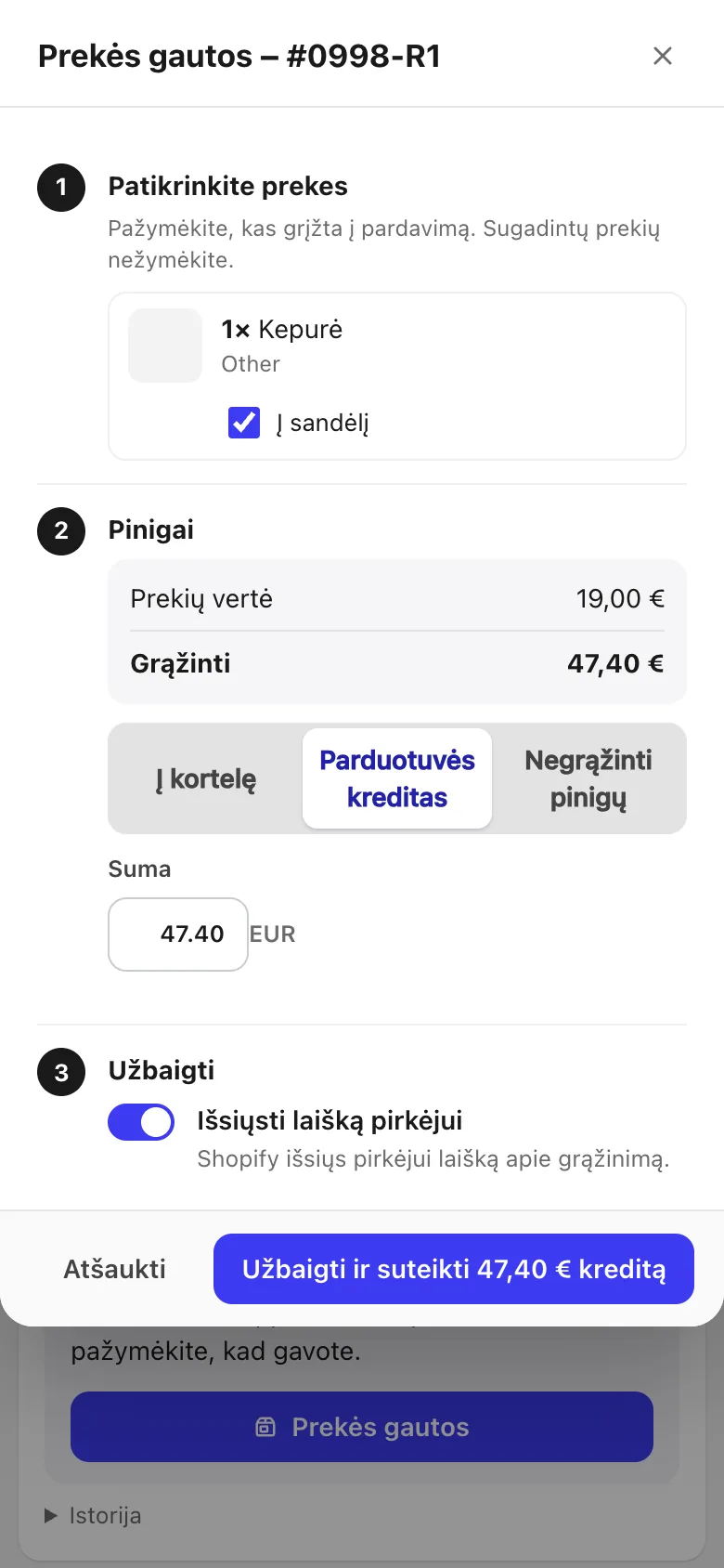 Grąžinimo pažymėjimas gautu telefone
