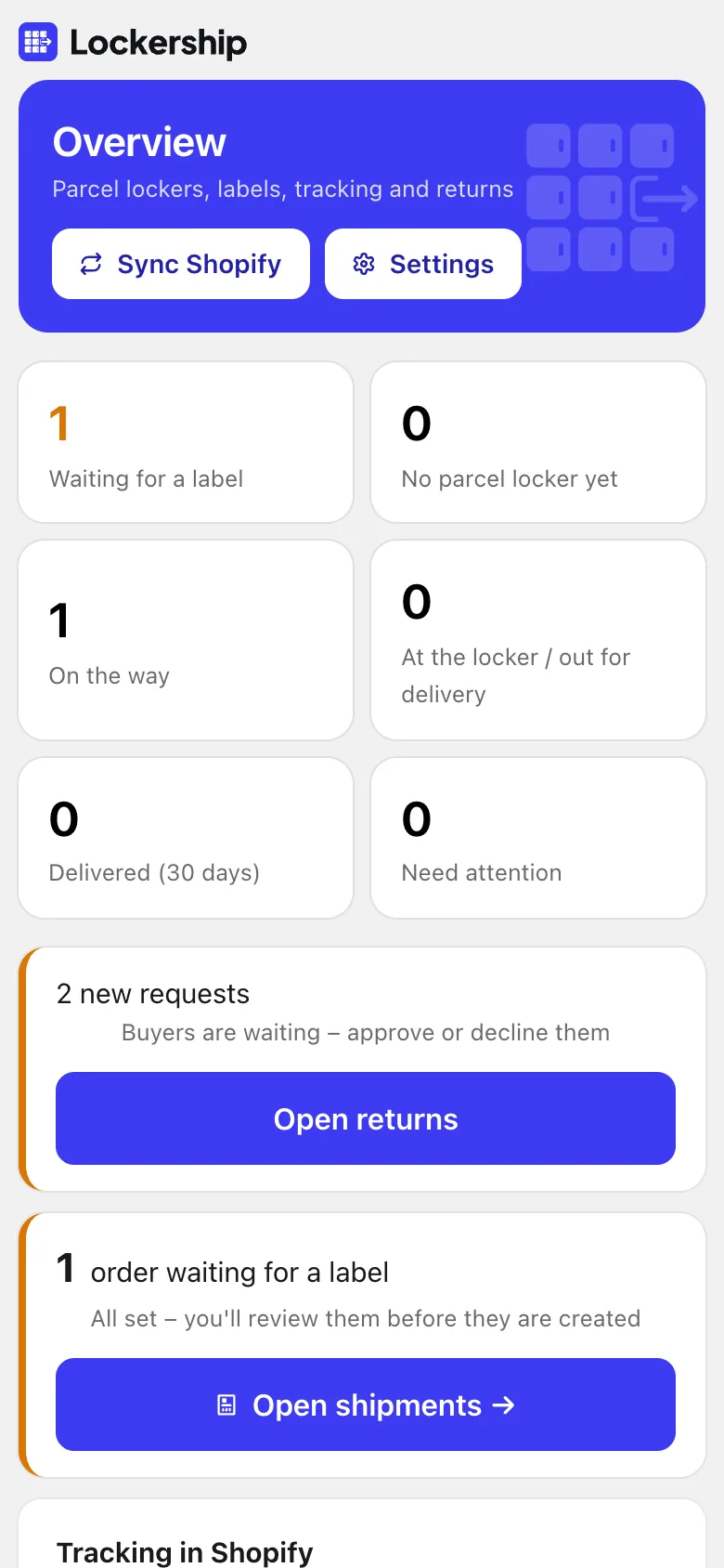 Lockership overview: labels to create, parcels on the way, return requests