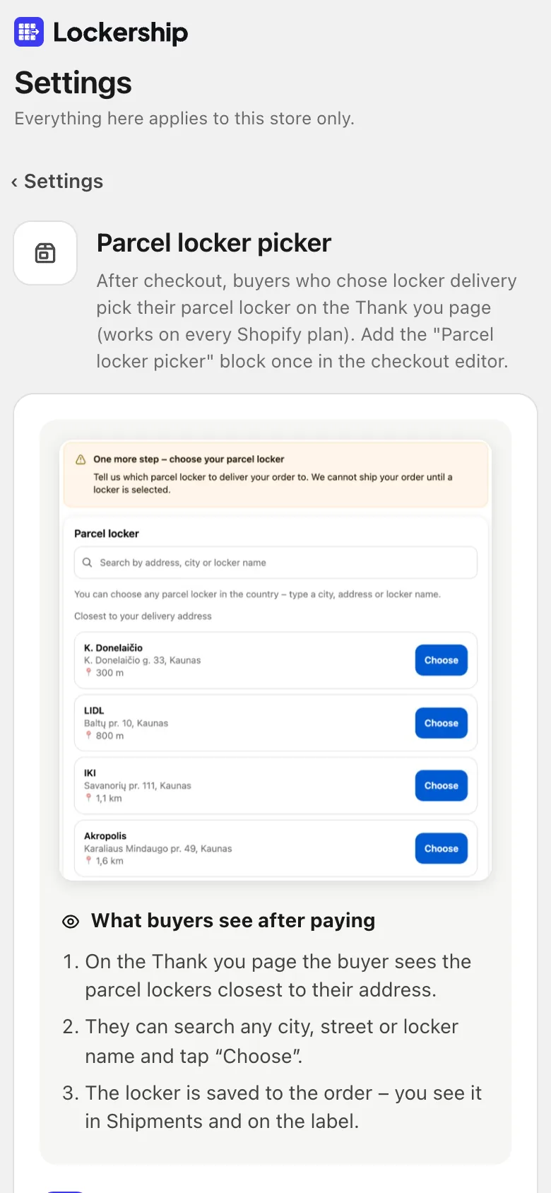 Lockership settings for the locker picker after payment: thank-you page, order status page and countries