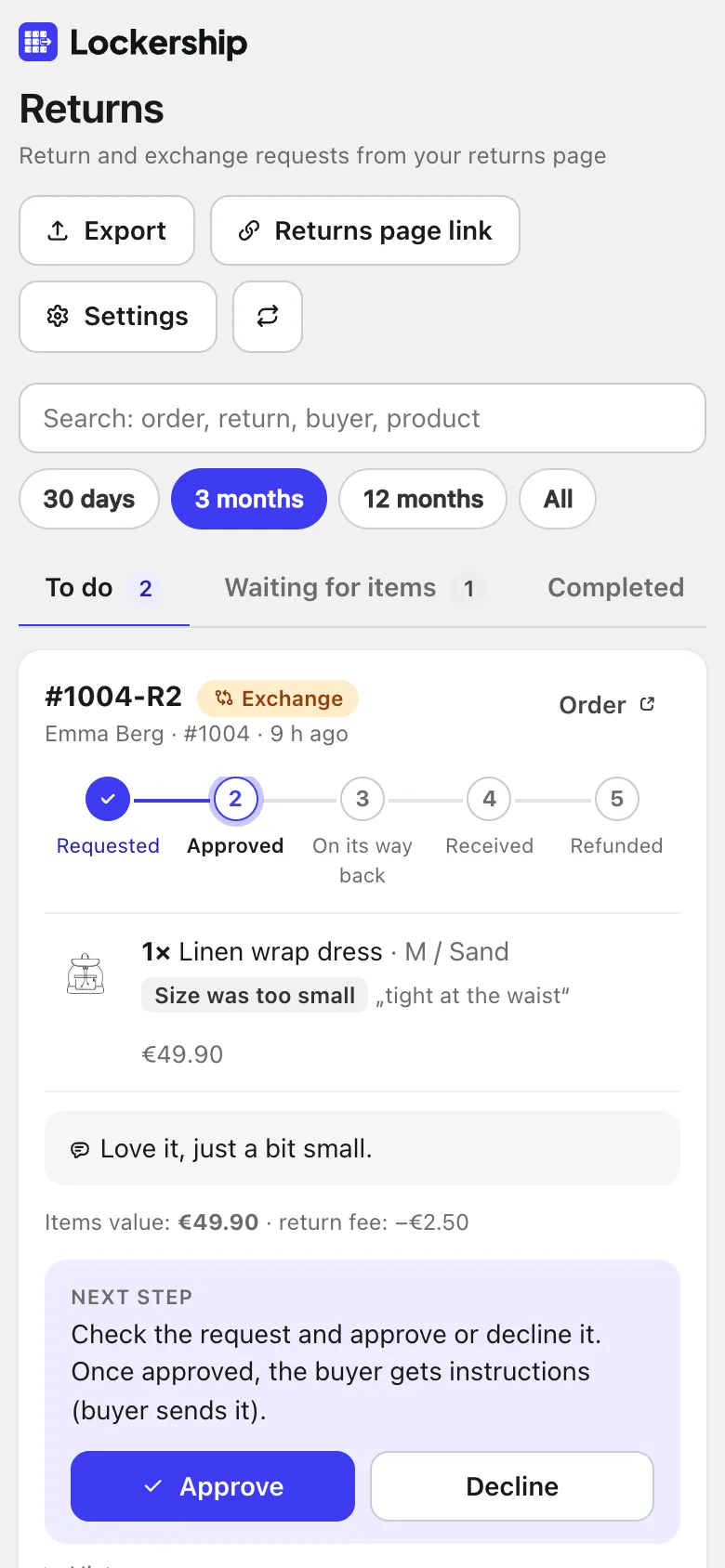 Return requests in Lockership with progress steps and the next step