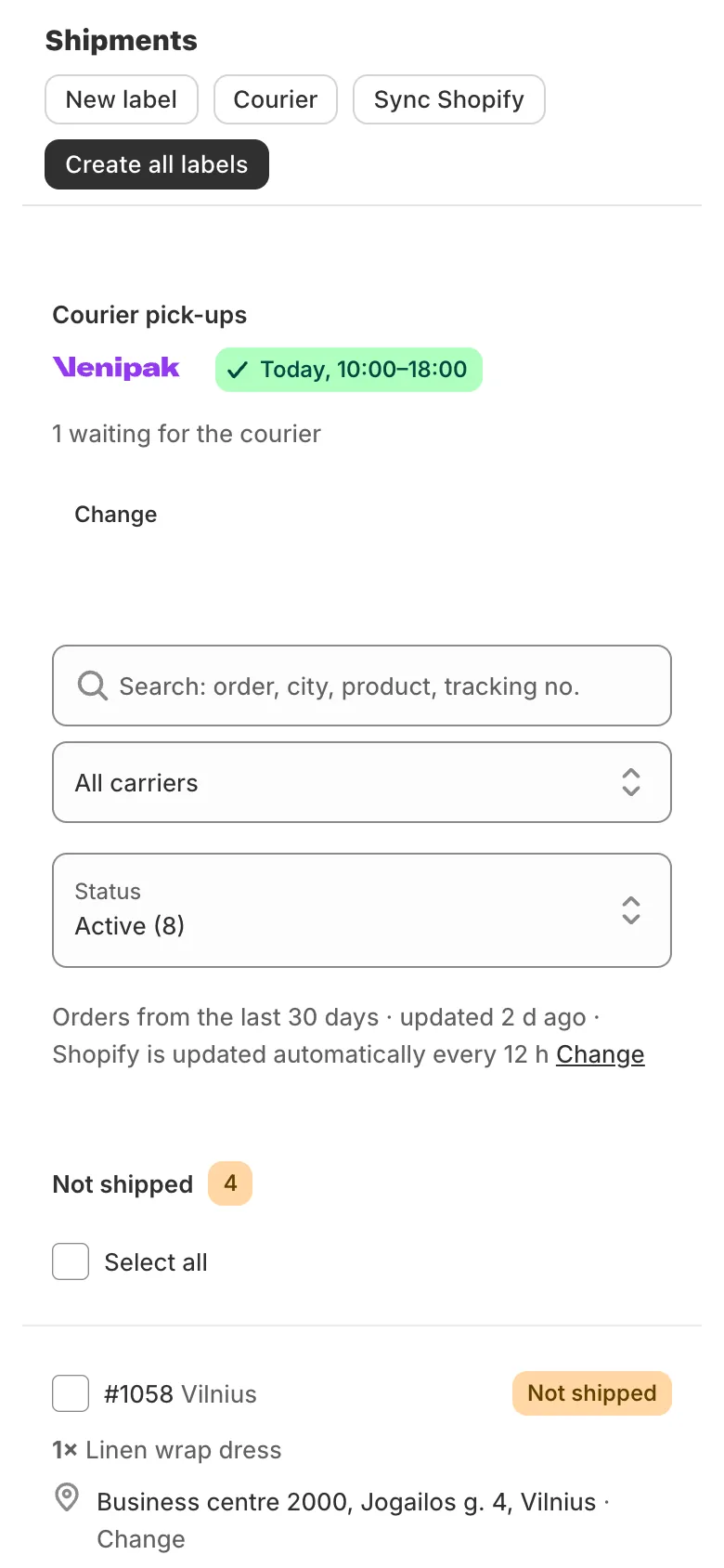 Lockership shipments list with each order’s status, last carrier event and carrier