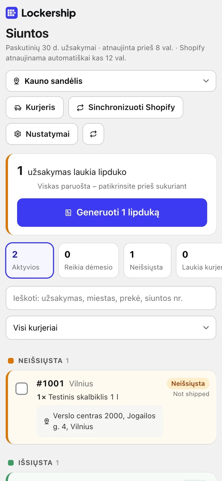 Lockership siuntų sąrašas su kiekvieno užsakymo būsena, paskutiniu kurjerio įvykiu ir kurjeriu