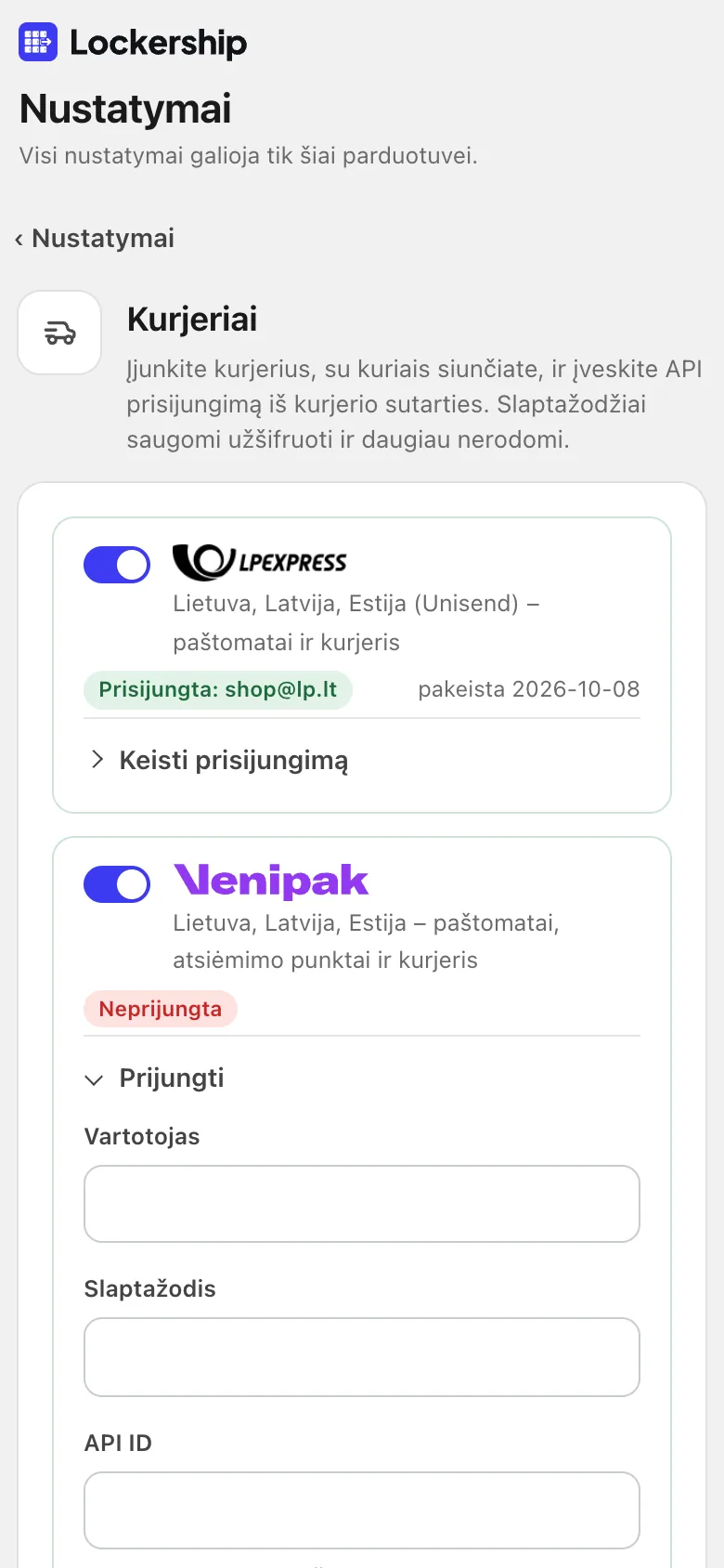 Prijunkite LP Express, Venipak, Omniva ir DPD