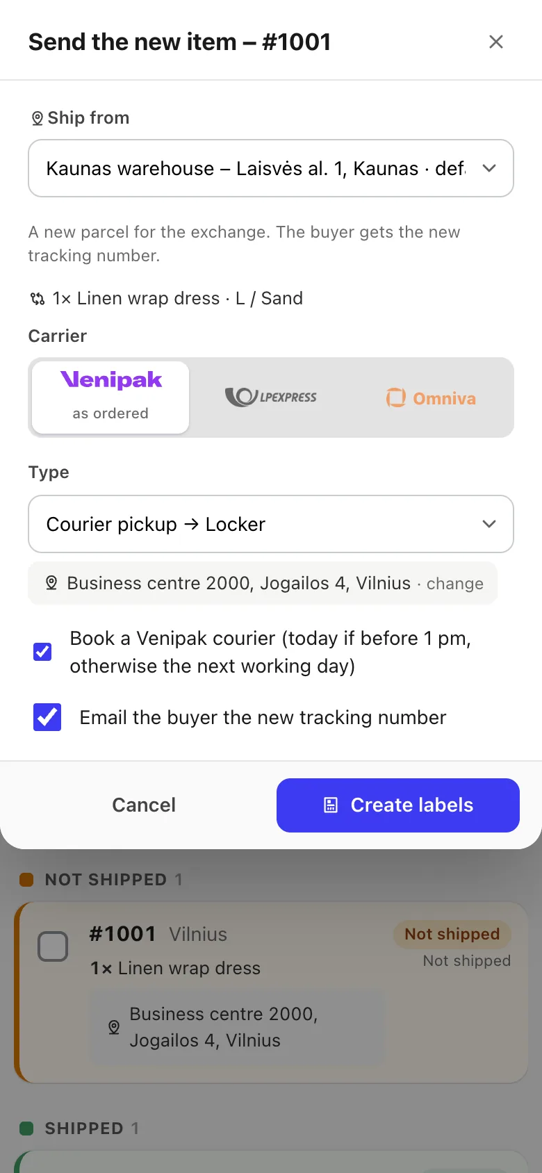 Receive and ship the new item