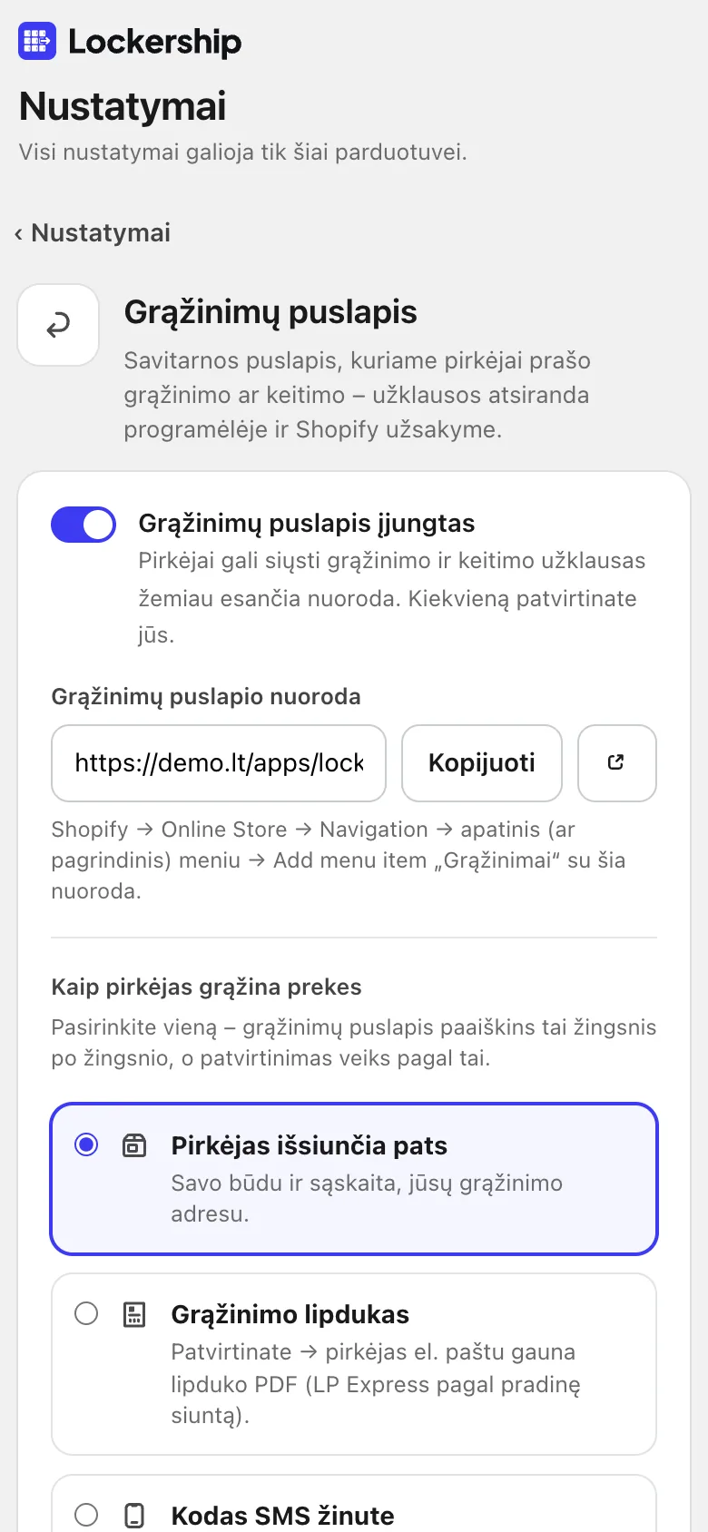 Nustatykite grąžinimų puslapį savo parduotuvėje
