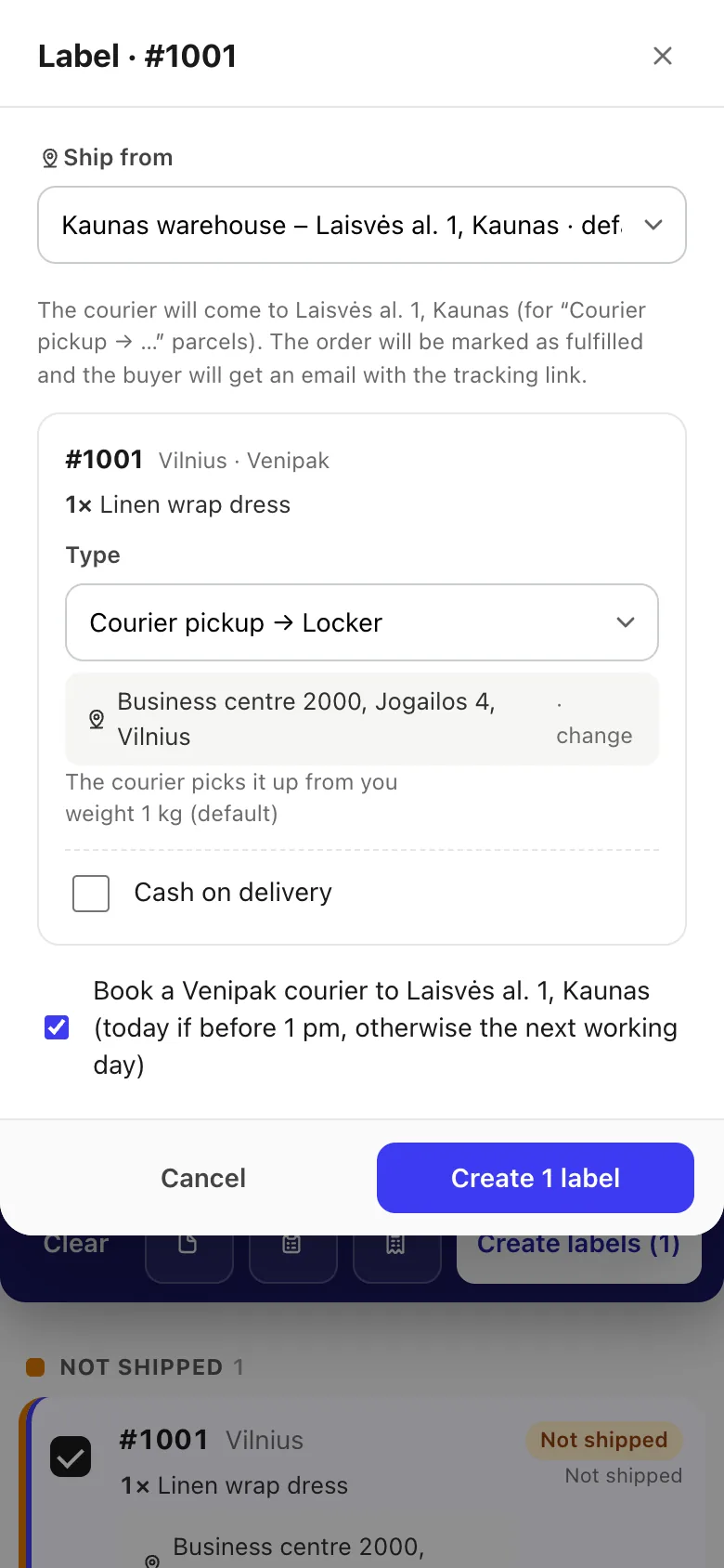 Creating labels in Lockership: carrier, label type, box size and locker for each order