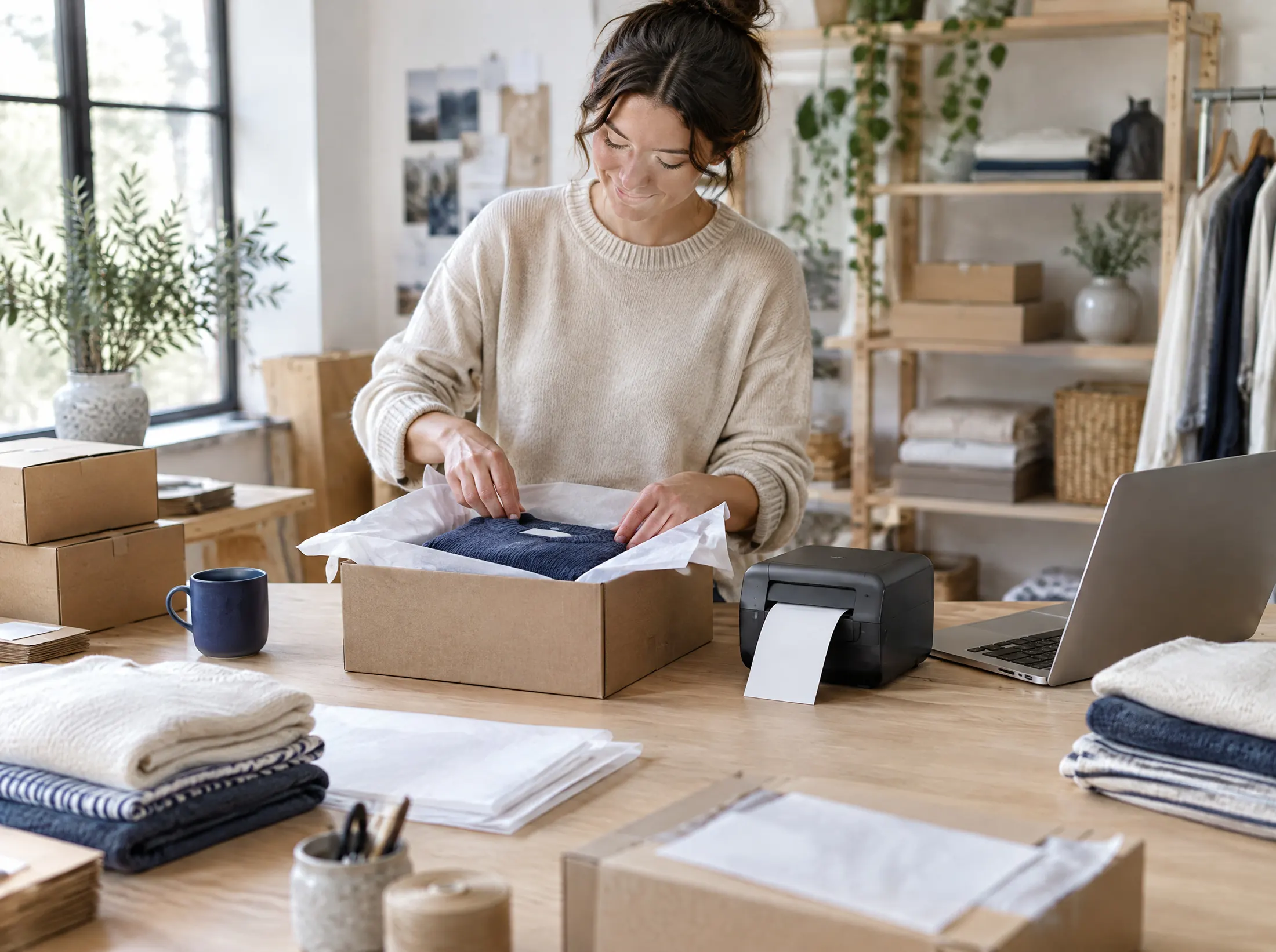 Packing orders at a bright workbench with a label printer