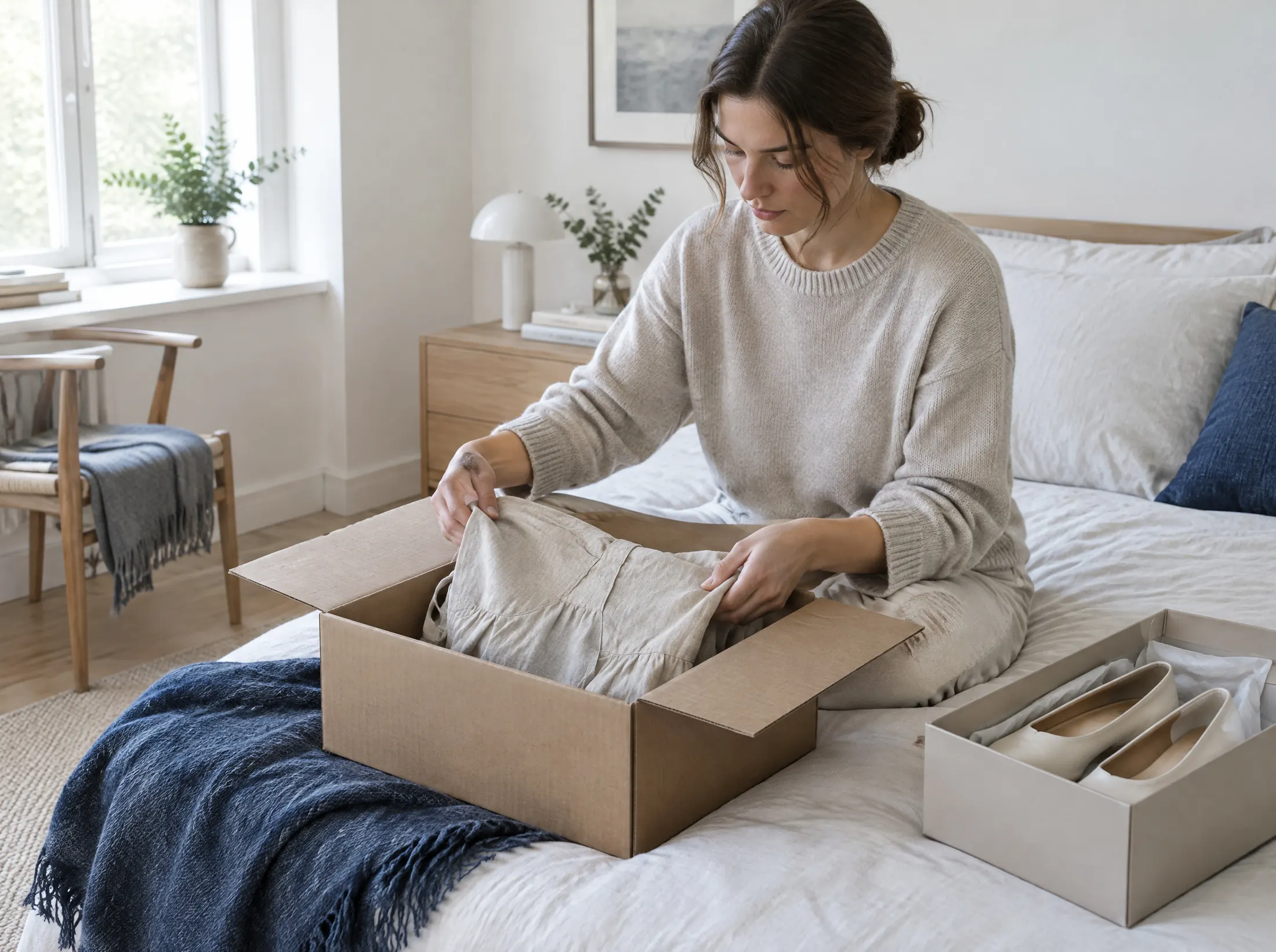 A woman packs a dress back into a shipping box at home