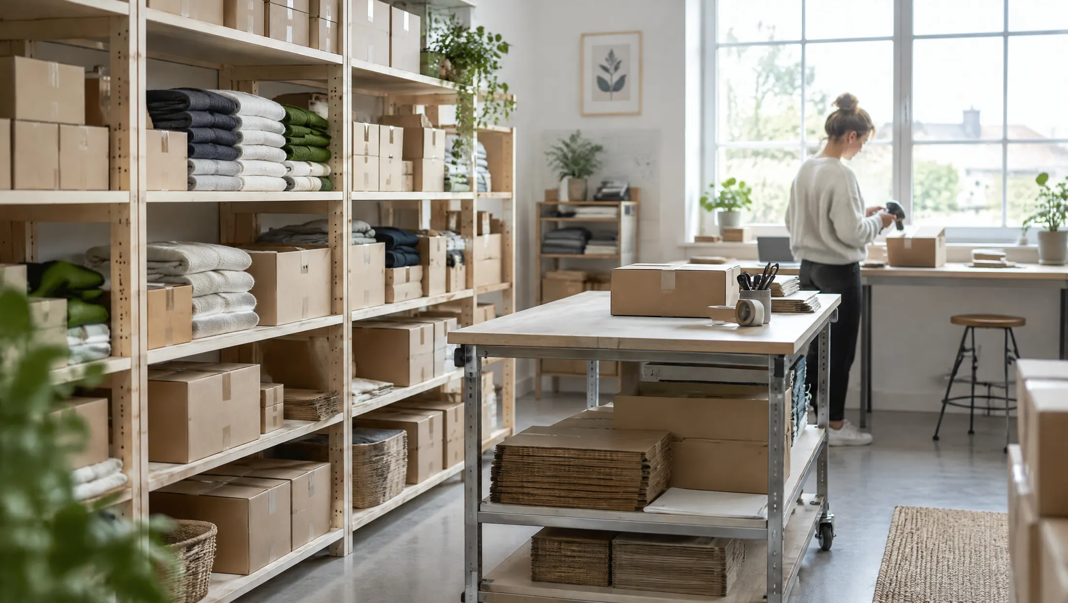 A small, tidy stockroom with boxes on wooden shelves