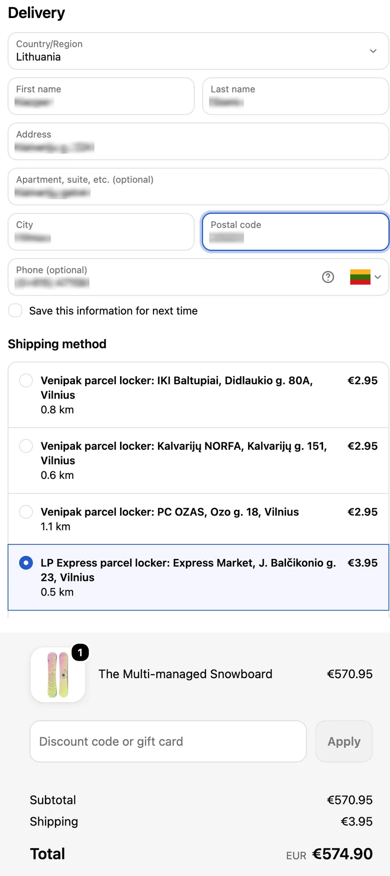 Checkout with LP Express, DPD and Venipak lockers as delivery options with distance and price