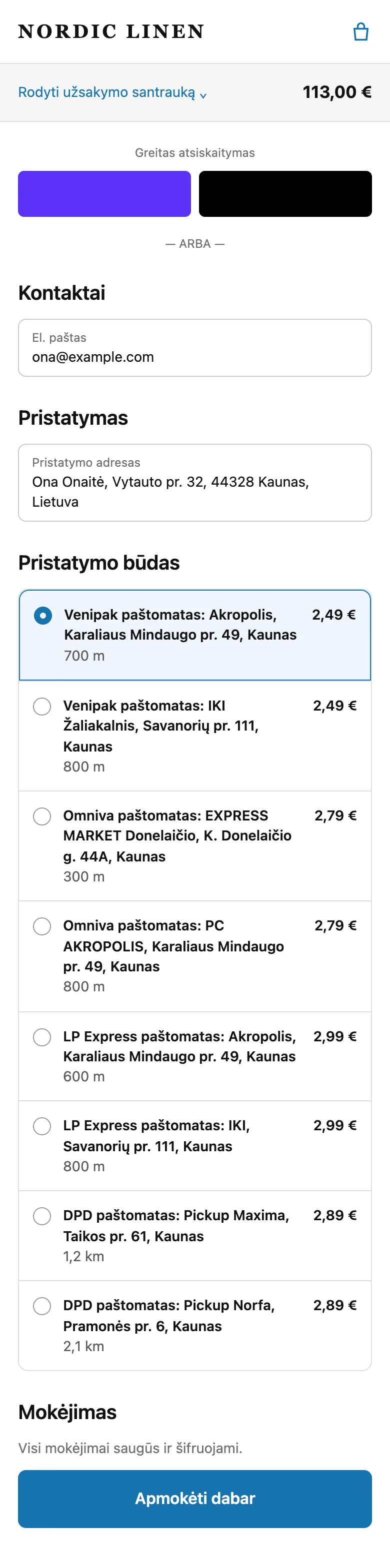 Atsiskaitymas su LP Express, Omniva, DPD ir Venipak paštomatais kaip pristatymo būdais su atstumu ir kaina