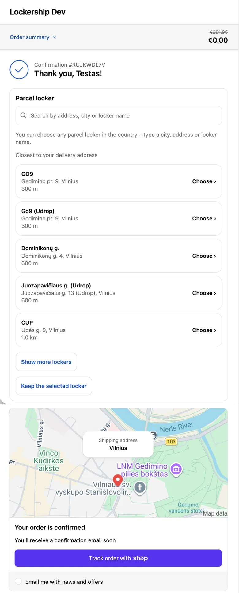 Thank-you page with the Lockership locker picker: nearest lockers with distance and a Choose button