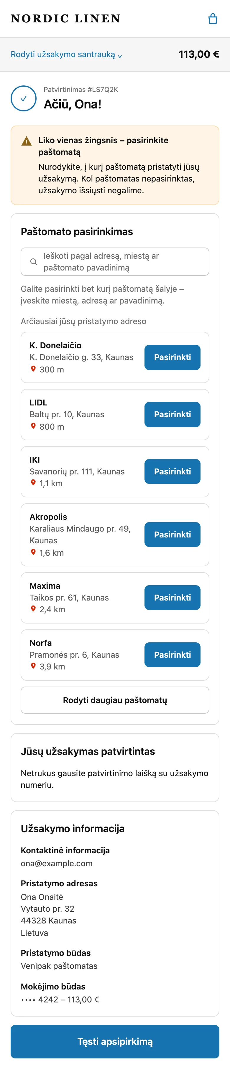 Padėkos puslapis su Lockership paštomato pasirinkimu: artimiausi paštomatai su atstumu ir mygtuku „Pasirinkti“